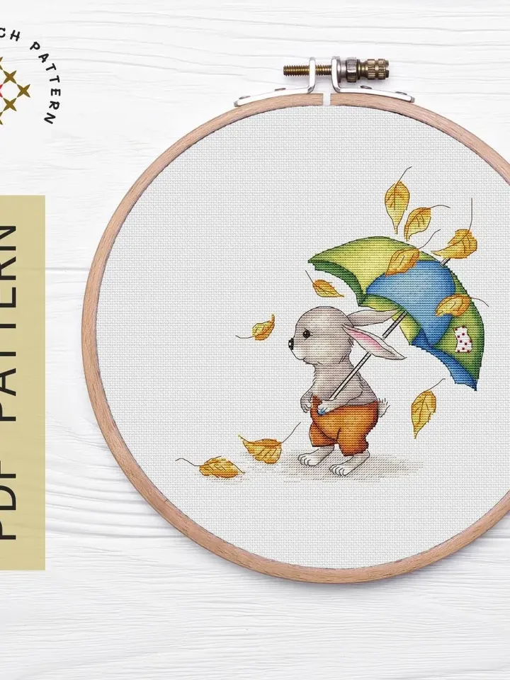 Rabbit Cross Stitch Pattern PDF, Animal Cross Stitch, Umbrella Embroidery, Funny Rabbit Embroidery, Instant Download PDF Design