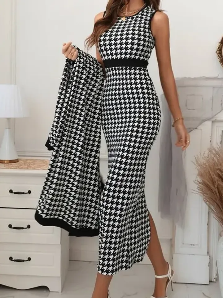 2Pc Set Co-Ord Houndstooth Open Front Pocket Belted Cardigan Coat & Pencil Dress