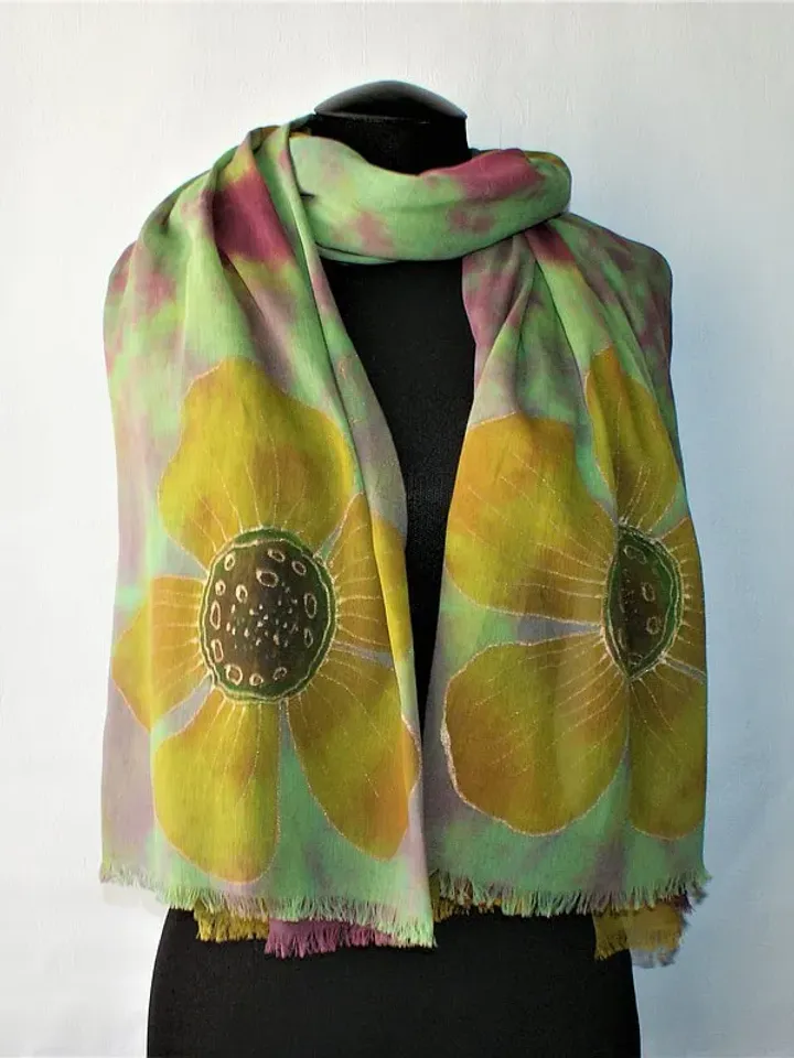 Green yellow cotton floral scarf Womens cotton long scarf Hand dyed scarf