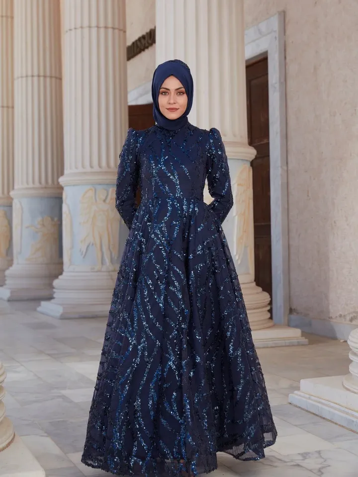 AHUNARE HIJAB - Salkım Navy Blue Embroidered Wedding Dress, Muslim Evening Gown, Nikah, Islamic Wedding, Engagement, Bridesmaid,