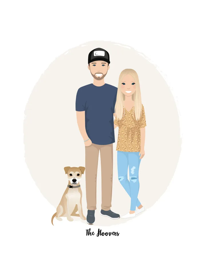 Custom family Portrait with pet, simple portrait, Family illustration