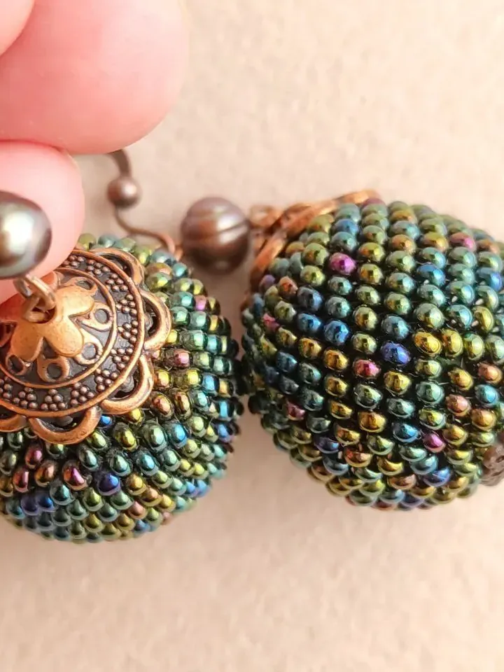 Green earrings balls with pearls earrings beaded earrings dangling drop earrings