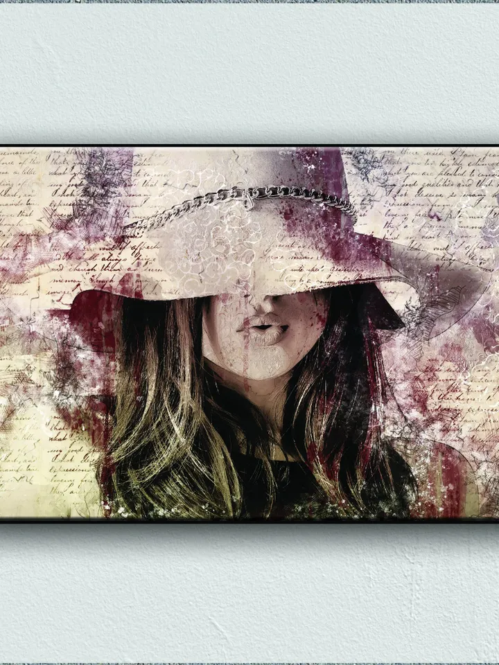 The woman with hat Print on Canvas , Floating Frame Option, Modern Wall Art, Extra Large Canvas Wall Art