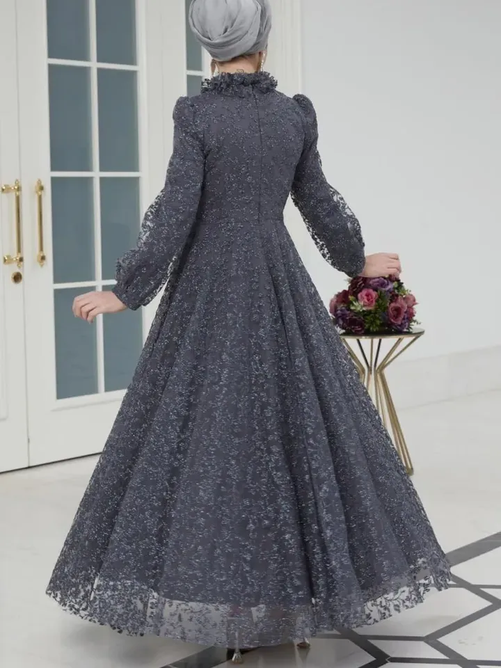 AHUNARE HIJAB - Orkide Grey Tulle Wedding Dress, Muslim Evening Gown, Nikah, Islamic Wedding, Engagement, Bridesmaid,