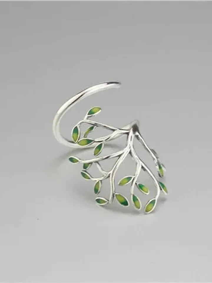 925 Silver Tree Ring, Leaf Ring, Adjustable Leaf Ring Silver, Green Leaf Ring, Leaf Ring, Adjustable Silver Ring, Green Ring, Leaf Rings