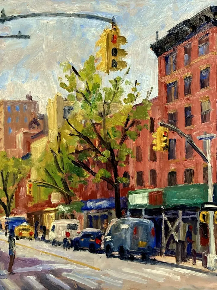 East Village Cityscape Painting - From St Marks Place and Avenue A/NYC - 11x14 Oil on Panel, Urban Impressionist Landscape
