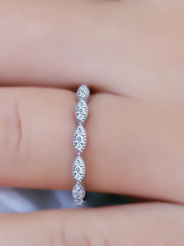 Marquise Shaped Diamond Wedding Band, Diamond Wedding Ring, 14K Solid White Gold Ring, Minimalist Ring, Thin Stacking Ring, Eternity Ring