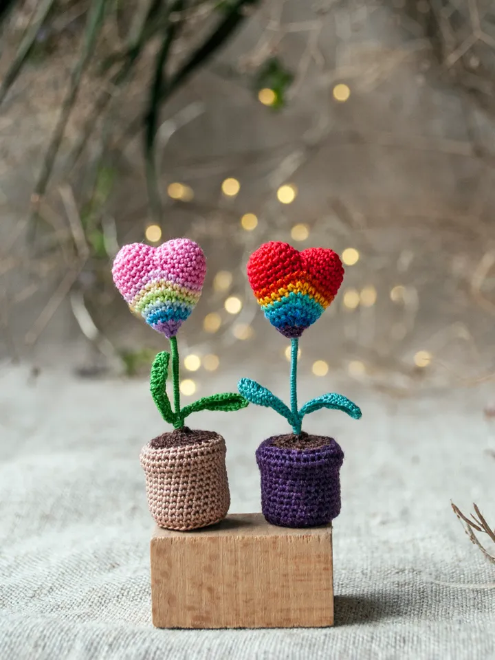 Miniature Rainbow HEART potted, Crochet heart flower decoration, Cute desk decor, Cheer up gift, Mini plant fairy garden