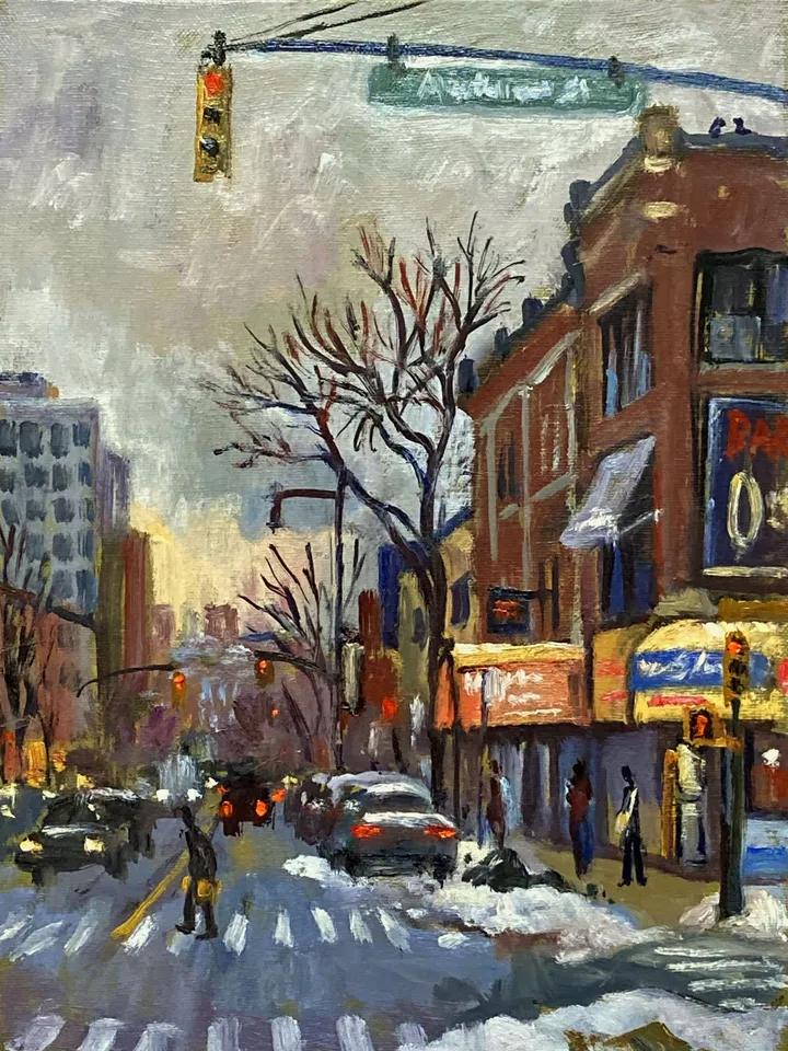 Brooklyn Cityscape Painting- Snow on Flatbush Ave- 9x12 Oil on Canvas, New York Winter Impressionism, Signed Original American Fine Art