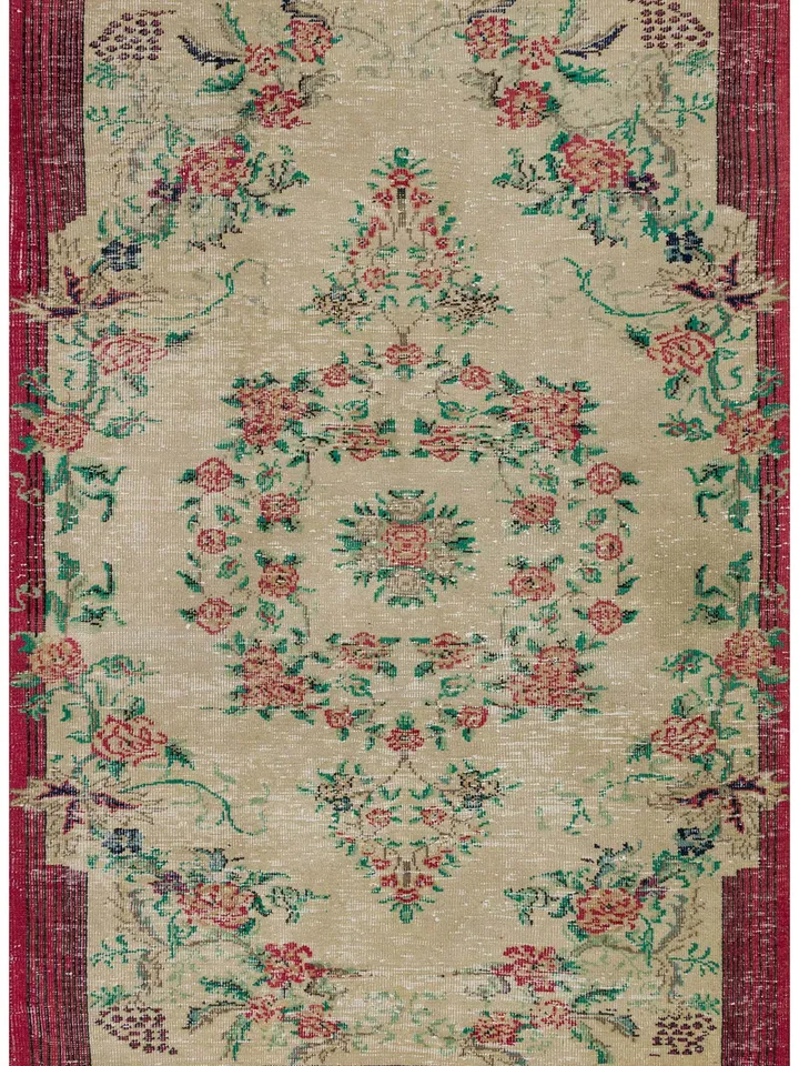 Transform Your Room with the Traditional Turkish Rug - 5.5ft x 8.5ft Beige Carpet with Flower Embossing and Vintage Floral Frame