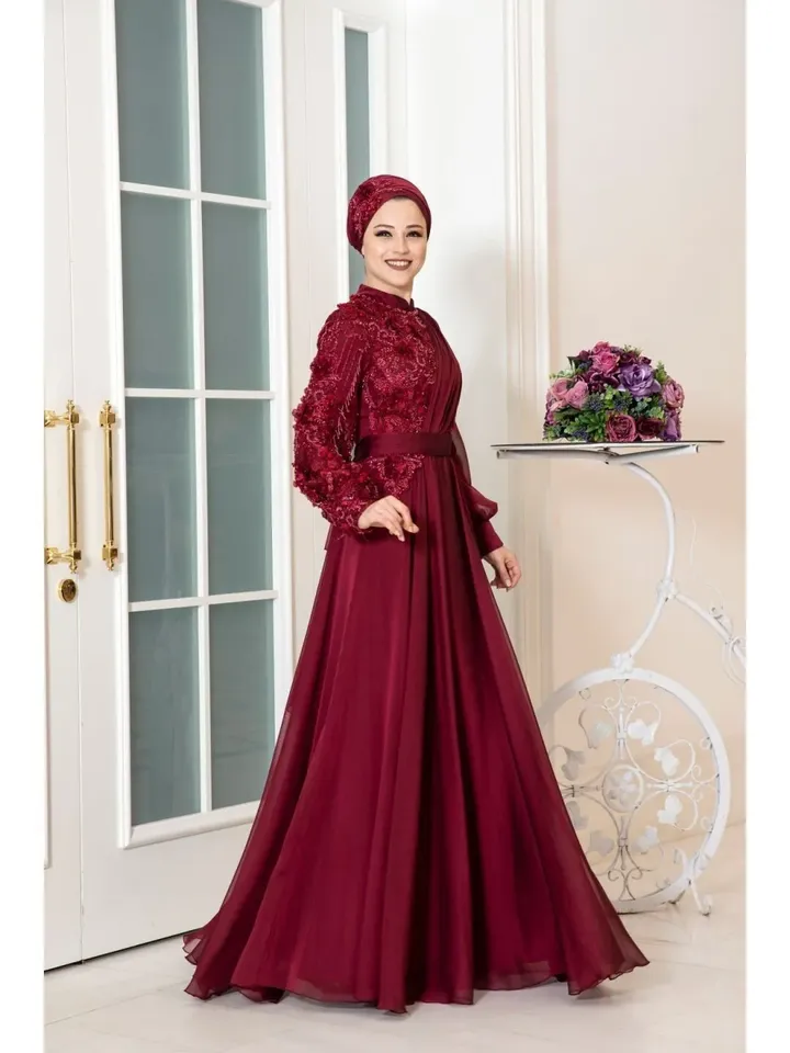 AHUNARE HIJAB - Melissa Burgundy Chiffon Belted Wedding Dress, Muslim Evening Gown, Nikah, Islamic Wedding, Engagement, Bridesmaid,