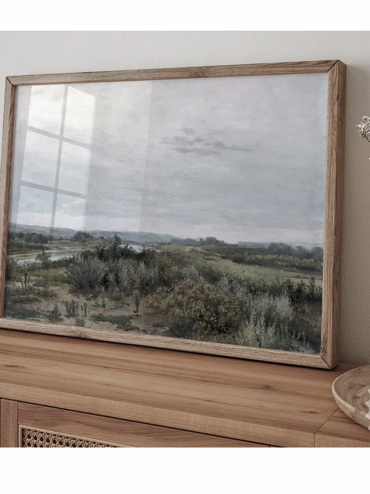 East landscape Oil Painting, Vintage Art Print, Muted Green Farmhouse Wall Decor, Printable Downloadable | 233