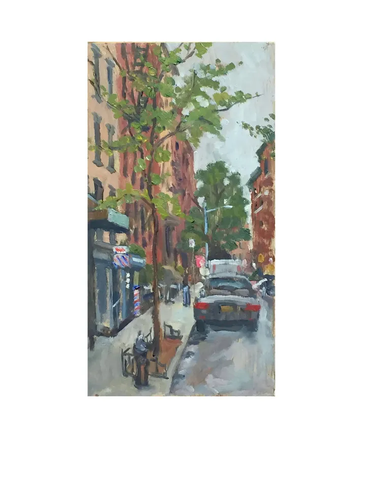 Small East Village Cityscape Painting - 7th St Rain/NYC - 5x10 New York Urban Impressionist Fine Art, Original Plein Air Realist Landscape