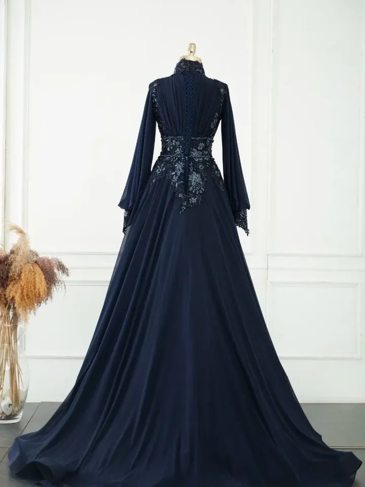 AHUNARE HIJAB - Neva Navy Blue Embroidered Wedding Dress, Muslim Evening Gown, Nikah, Islamic Wedding, Engagement, Bridesmaid,