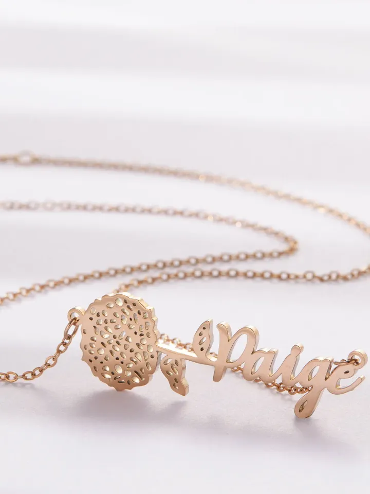 PERIMADE Birth Flower Name Necklace • Custom Horizontal Name Necklace • Gold Friendship Birthday Jewelry • Trendy Best Friend Gift