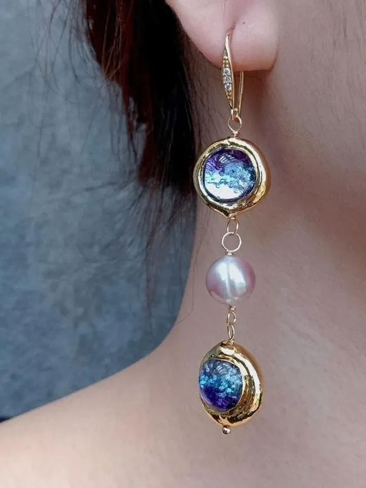 Glass Dangle Earrings with Pearls, Gold Glass Dangle Earrings, Glass Earrings, Gold Pearl Dangle Earrings, Gold Dangle Earrings, Bohemian
