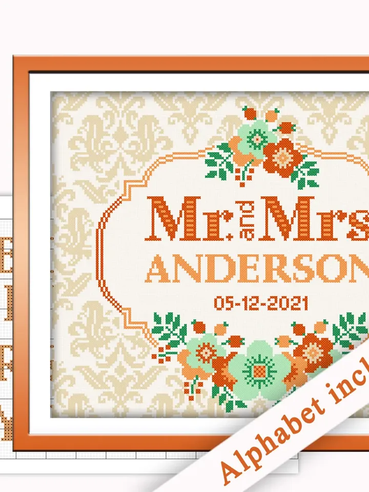 DIY. Wedding cross stitch pattern. Flower Frame cross stitch. Border cross stitch pattern.