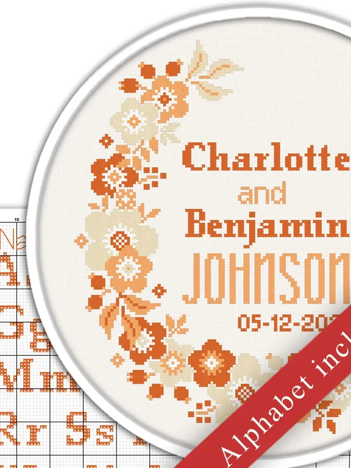 Wedding cross stitch pattern. Floral Wreath cross stitch pattern. DIY. Flower frame.