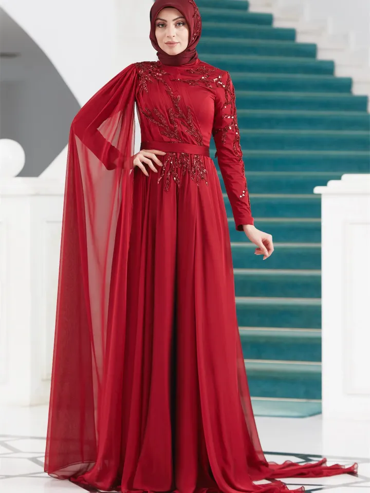 AHUNARE HIJAB - Vera Burgundy Chiffon Wedding Dress, Muslim Evening Gown, Nikah, Islamic Wedding, Engagement, Bridesmaid,