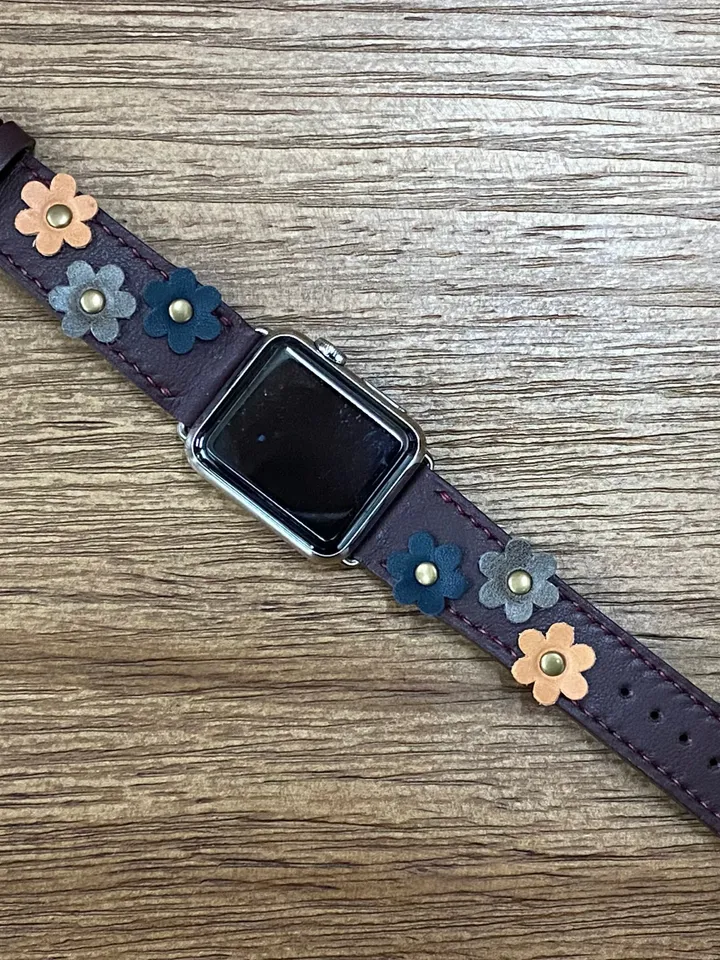 Purple Red Single Tour Apple Watch Band 41mm 40mm 38mm Series 7, Genuine Leather Rallye iWatch Strap with Flower Decoration, Smartwatch Band
