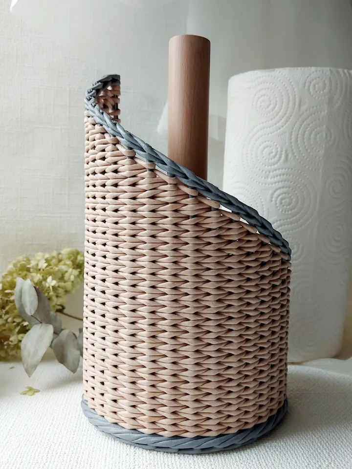 Paper towel holder with beech handle. Standing handmade wicker stand.