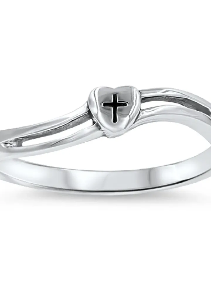 Sterling Silver Heart Cross Ring, Catholic Ring, Christian Ring, First Communion Gift, Confirmation Gift, Religious Ring, cross toe ring
