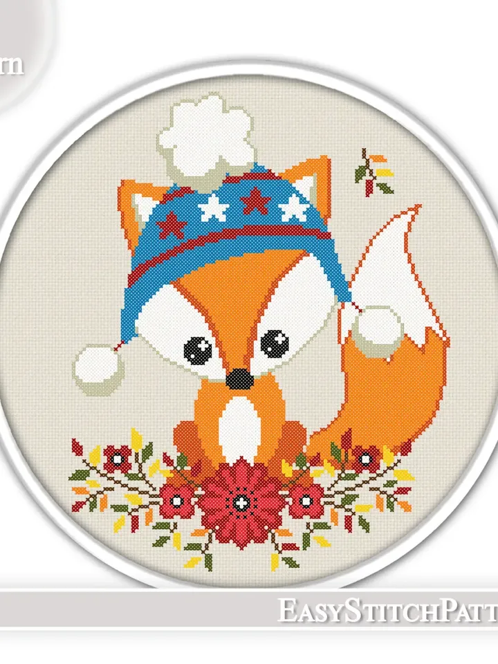 Fox cross stitch pettern. Autumn cross stitch. Baby cross stitch pettern.