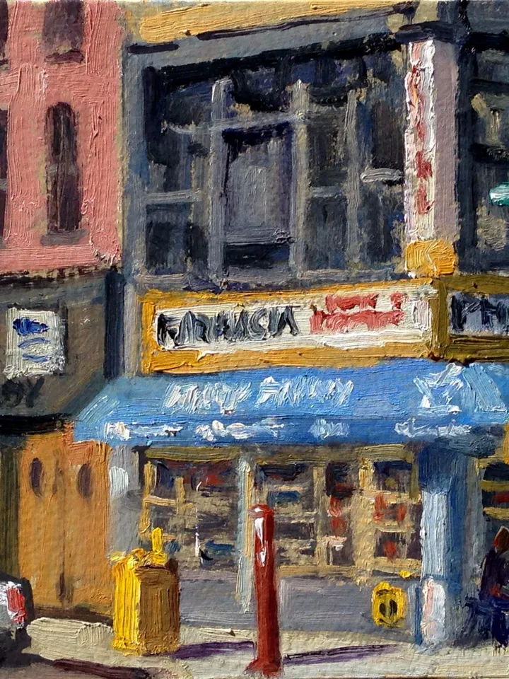 Small New York Cityscape Painting -Farmacia/LES/NYC- 7x7 Oil on Panel, Urban Plein Air Impressionist Fine Art, Signed New York City Original