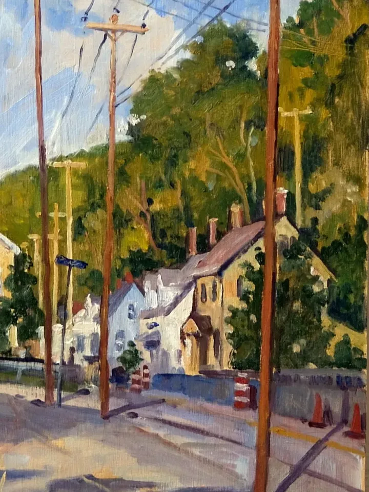 Original Landscape Painting - Houses and Poles/September - 12x24 Oil on Panel, American Impressionist Plein Air Oil, Original Fine Art