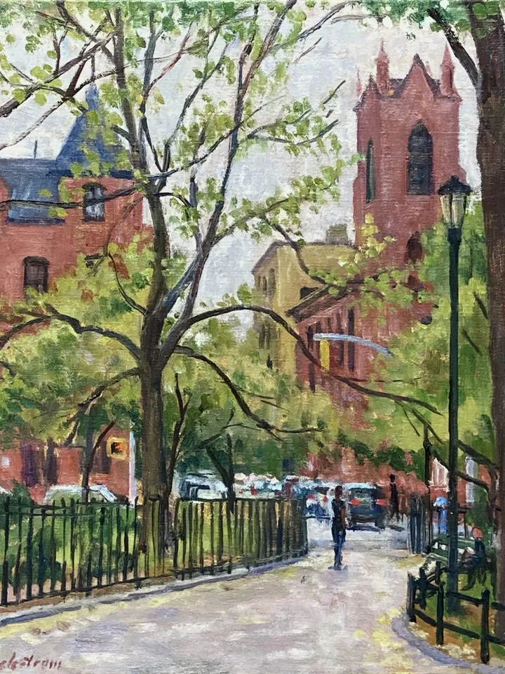 Original New York Cityscape Painting - From Tompkins Sq Park/East Village NYC - 14x14 Oil on Canvas, Signed Original Impressionist Fine Art