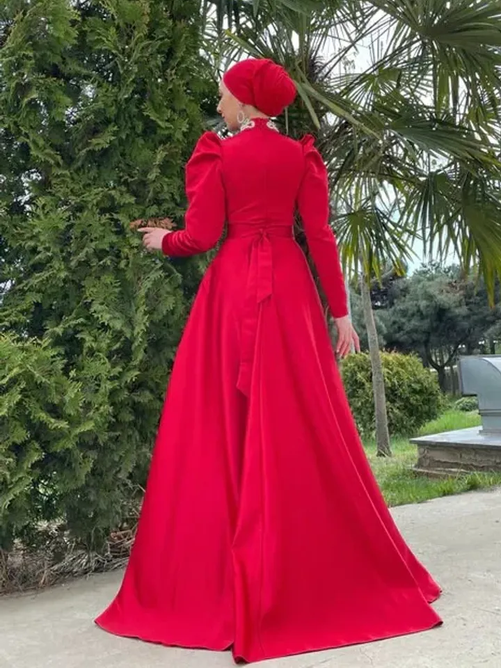 Ahsen Red Satin Tailed Embroidered Ahuanre Wedding Dress, Muslim Evening Gown, Nikah, Islamic Wedding, Engagement, Bridesmaid,