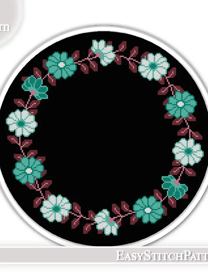 Floral border cross stitch pattern. Floral Wreath cross stitch pattern. Easy cross stitch.