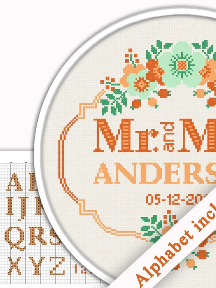 Wedding cross stitch pattern. Floral Wreath cross stitch pattern. DIY. Flower border.