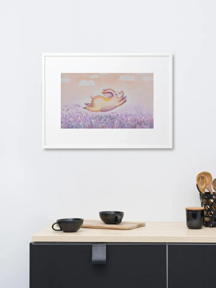 Pink pig runs through the lavender field, Matte Paper Framed Poster With Mat, nursery wall décor, reproduction of painting, purple pastel