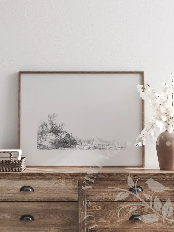 House English Cottage Sketch Vintage Print, Minimalist Landscape PRINTABLE Artwork, Digital Wall Decor | 192