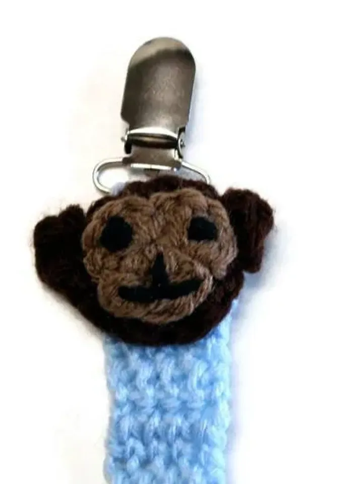 Yarn Pacifier Clip with Monkey, New Baby Gifts, Toy Clips, Baby Shower Gift Ideas, Unisex Baby Gifts, Baby Binky or Paci Clips, Monkey Clasp