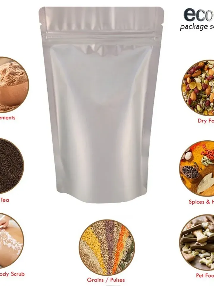 SILVER Mylar Stand Up Pouches with Valve option Resealable Zipper Coffee Bags, Compostable Bag Mylar Foil Coffee Pouch Food Bag With Zip Bag