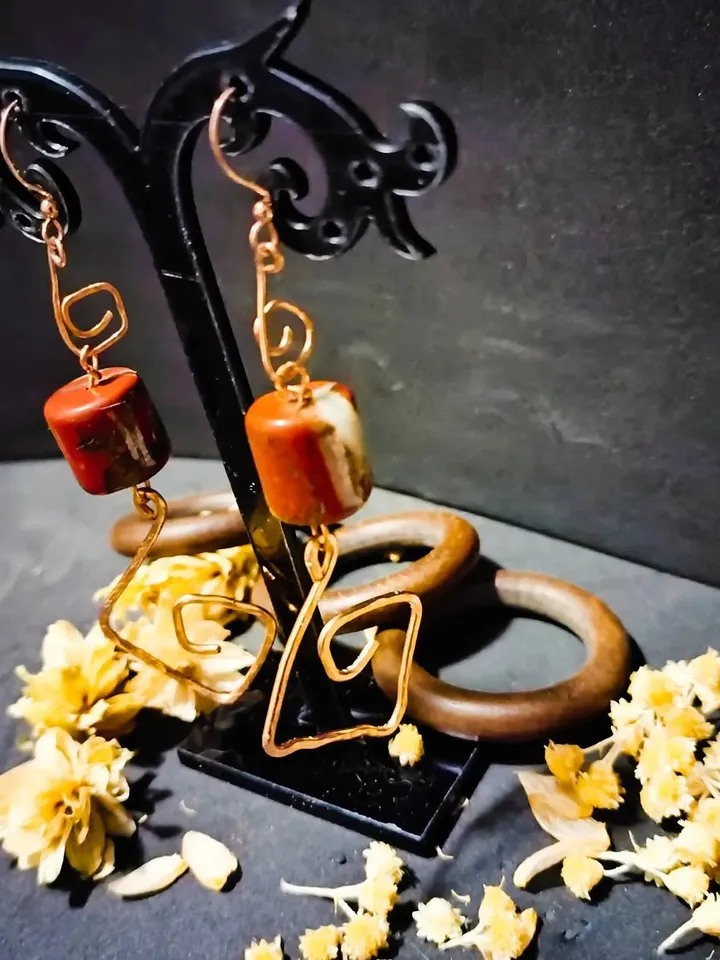 Copper earrings and red jasper
