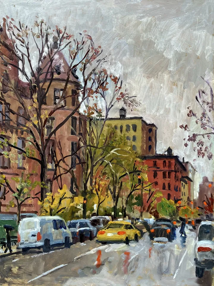 Rainy New York Cityscape Painting -Down Columbus/Natural History Museum/NYC- 12x16 Oil on Panel, Impressionist Landscape, Signed Original