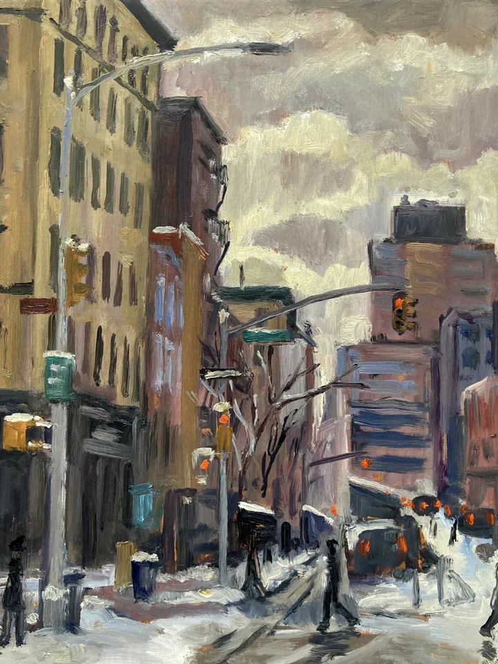 Original East Village Cityscape - Snow on 2nd Avenue/NYC- 8x10 Oil on Panel, New York Winter Impressionist Landscape, Signed Original