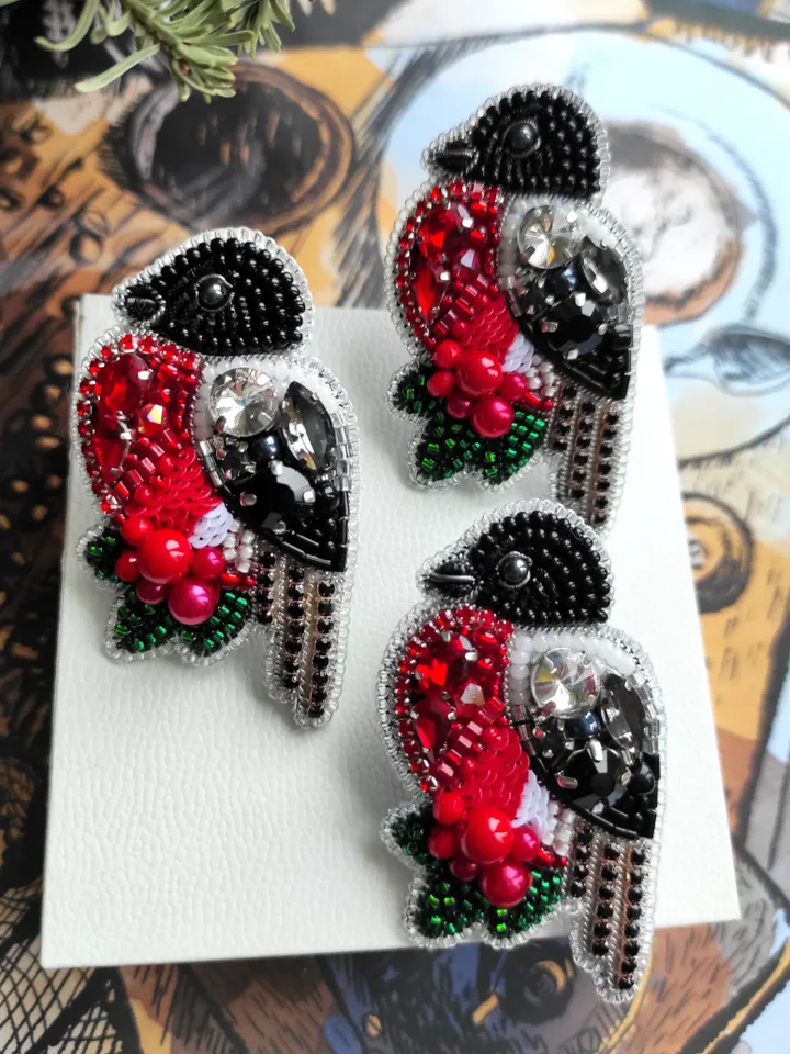 bullfinch brooch, bird brooch, brooch pin, beaded brooch, mothers day gift, handmade gifts, brooch, birds, hand embroide