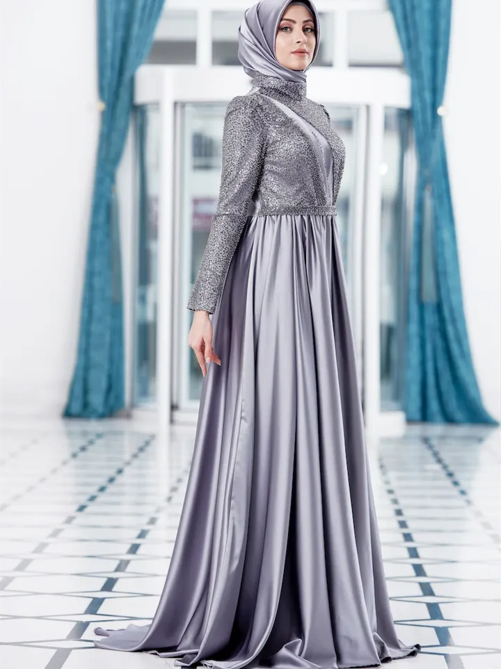 AHUNARE HIJAB - Berra Grey Satin Wedding Dress, Muslim Evening Gown, Nikah, Islamic Wedding, Engagement, Bridesmaid,