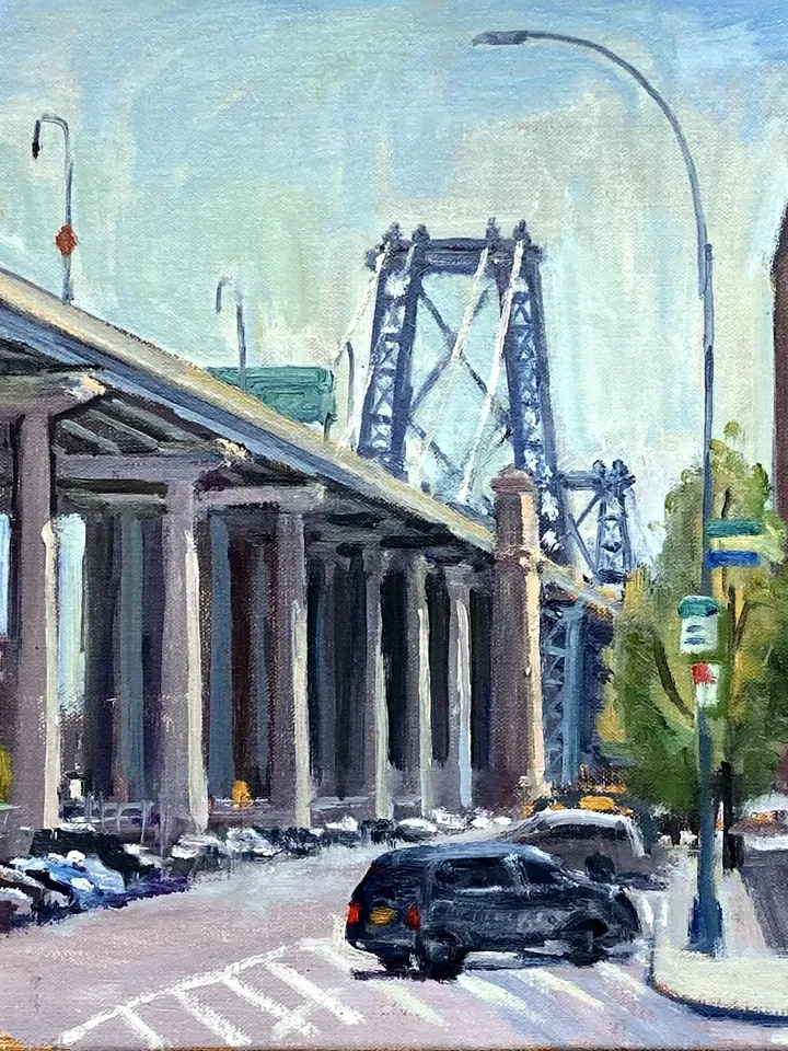 Original New York Cityscape Painting -Delancey St/Williamsburg Bridge/NYC- 12x20 Oil on Canvas, Signed Original Impressionist Landscape