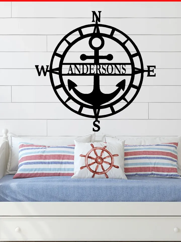 Anchor Compass Personalized Name Sign, Custom Anchor Compass Decor, Nautical Decor, Porch Decor, Beach Lake house Decor, Fathers day gift