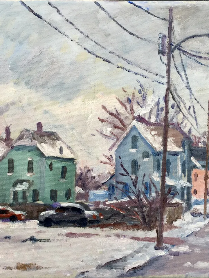 Original Winter Landscape Painting - Snowfall/North Adams - 8x8 Oil on Canvas, Plein Air Impressionist Snow Scene, Signed Original Fine Art