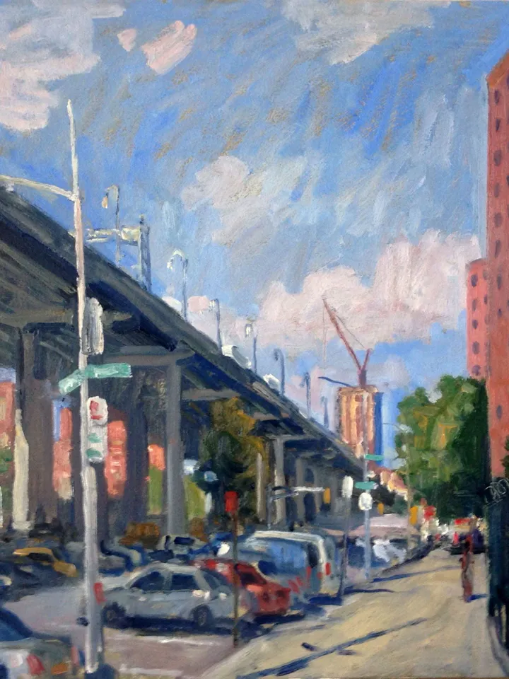 Original NYC Cityscape Painting - Williamsburg Bridge Delancey St/LES/NYC - 14x14 Oil on Panel, Original Urban Impressionist Landscape