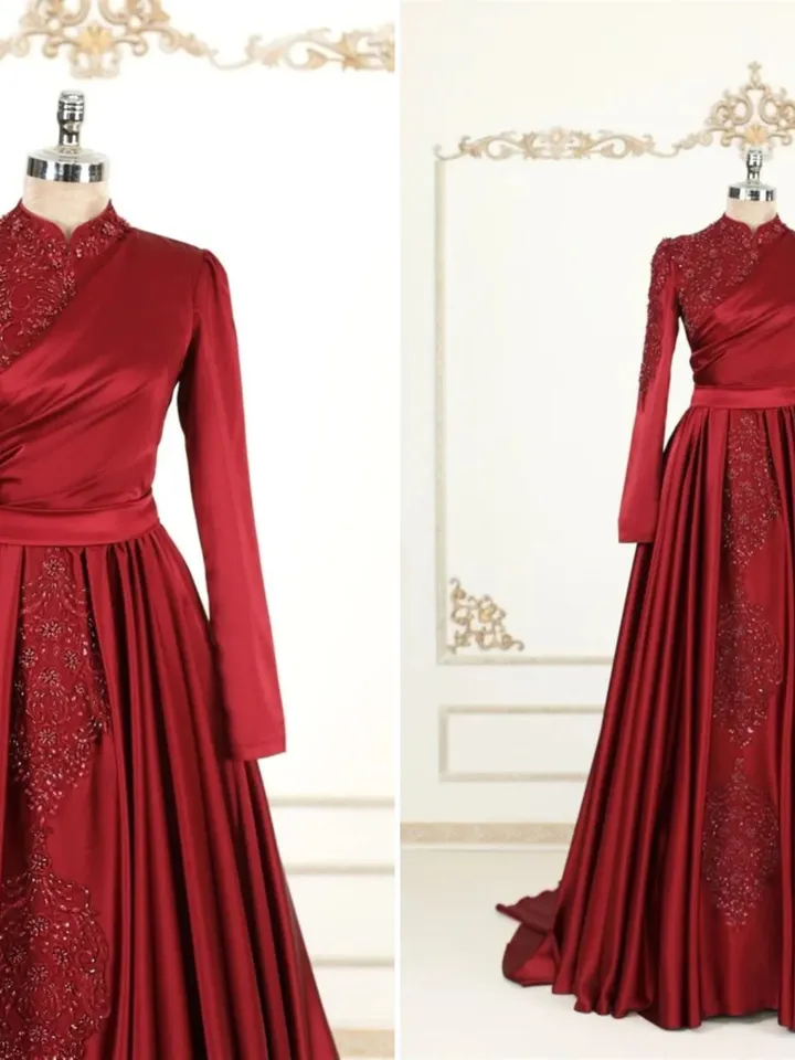 AHUNARE HIJAB - Hürrem Burgundy Embroidered Wedding Dress, Muslim Evening Gown, Nikah, Islamic Wedding, Engagement, Bridesmaid,
