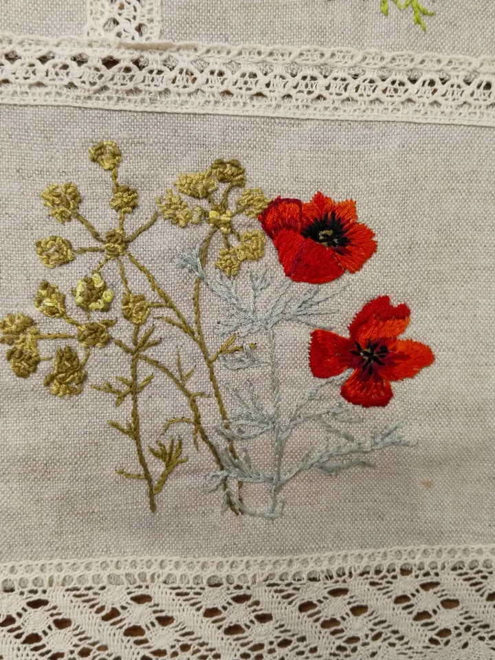 Beautiful table napkin or wall hanging with embroidery flowering herbs, pure, raw, thick, linen. Hand embroidery.
