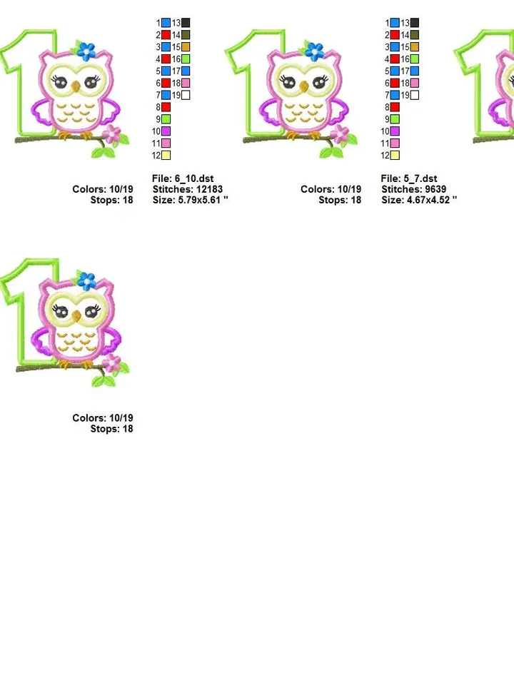 Owl with number One Birthday for girl Design Applique for Machine Embroidery