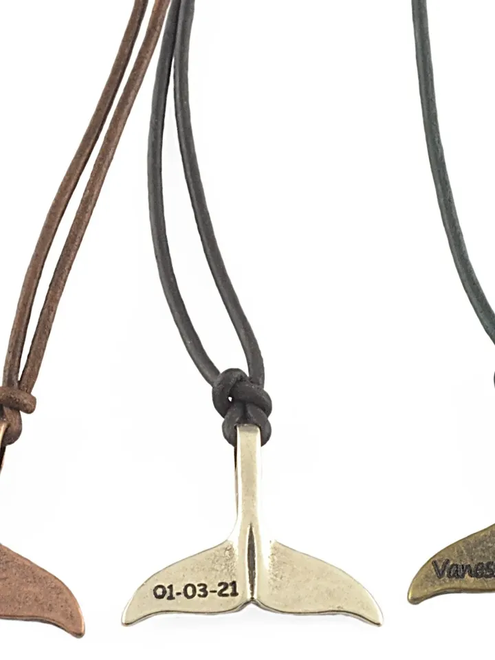 Whale Tail Pendant Necklace with Custom Engraving | Personalized Surfer Choker Silver/Copper/Bronze | Surf Gifts Unisex Nautical Jewelry